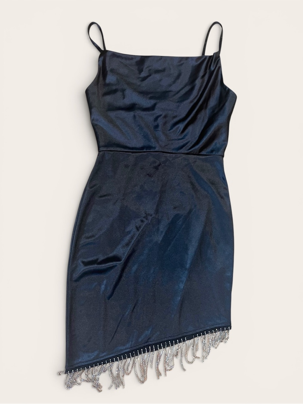 I.N. San Francisco Black Satin Sheen Rhinestone Fringe Slip Dress